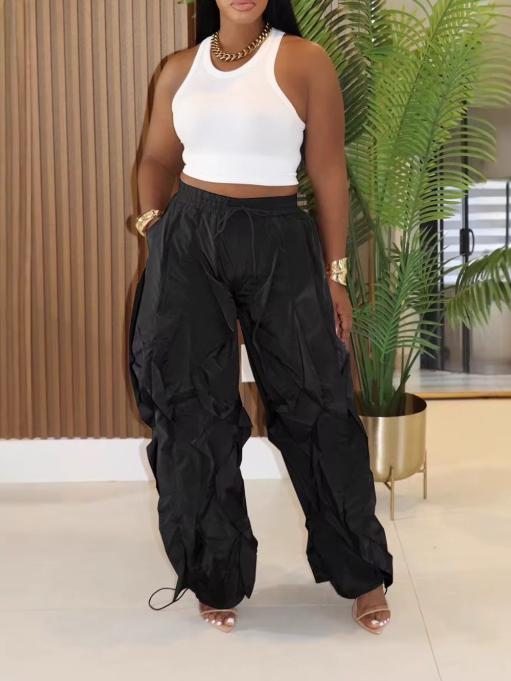 Black Drawstring Ruffle Cargo Jogger Pants - Women - Picture 1 of 1